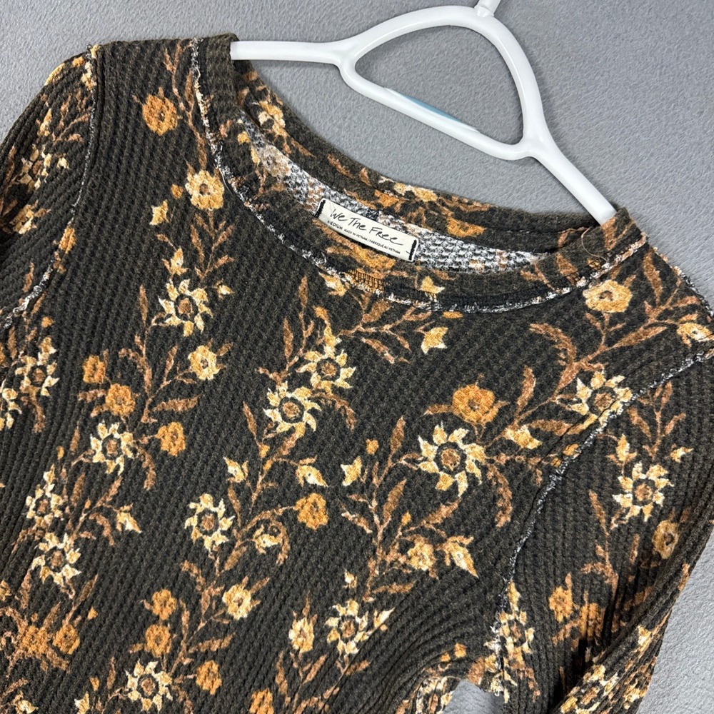 We The Free Pretty Little Thermal Top Women Medium Black Floral Waffle Knit
